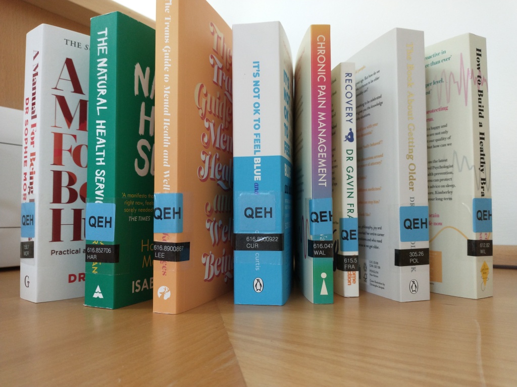A picture of paperback books, spines out, fanning out in a semi-circle towards the viewer. List of books in this article text.
